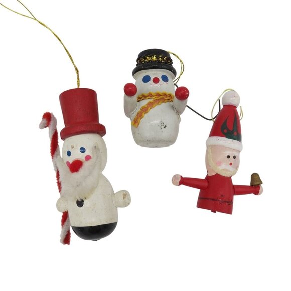 VINTAGE Lot of 3 Painted Wooden Christmas Ornaments Santa Snowman Made in Taiwan - Picture 1 of 6